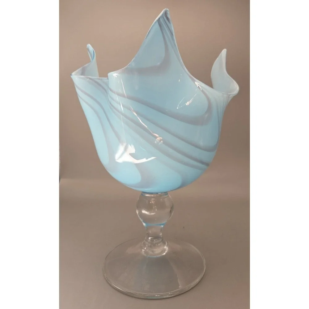 Vintage Pedestal‎ Vase Murano Fazzoletto Sky Blue Italian Hankerchief